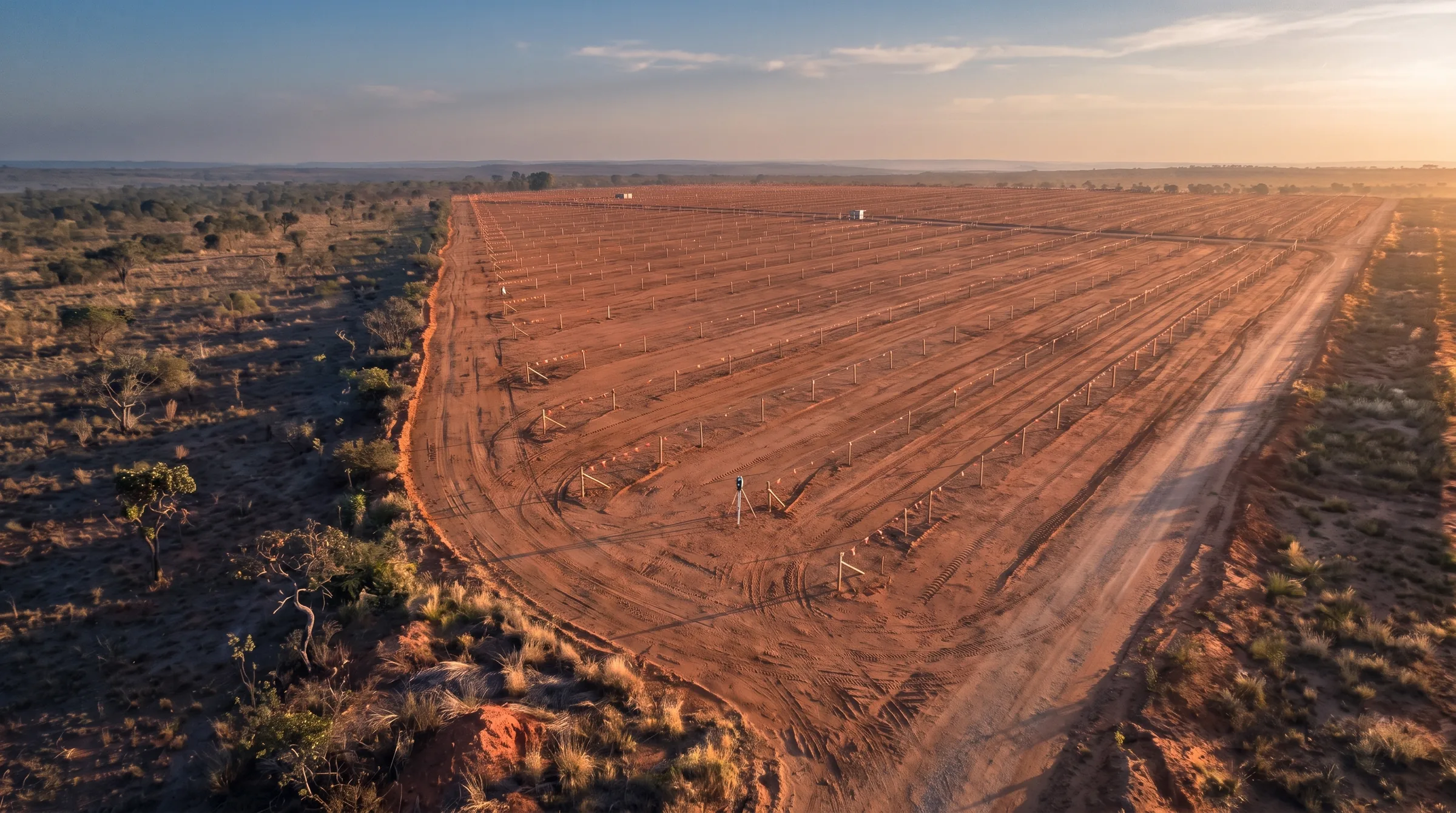 Terreno preparado no cerrado, com estacas de topografia marcando as futuras fileiras.