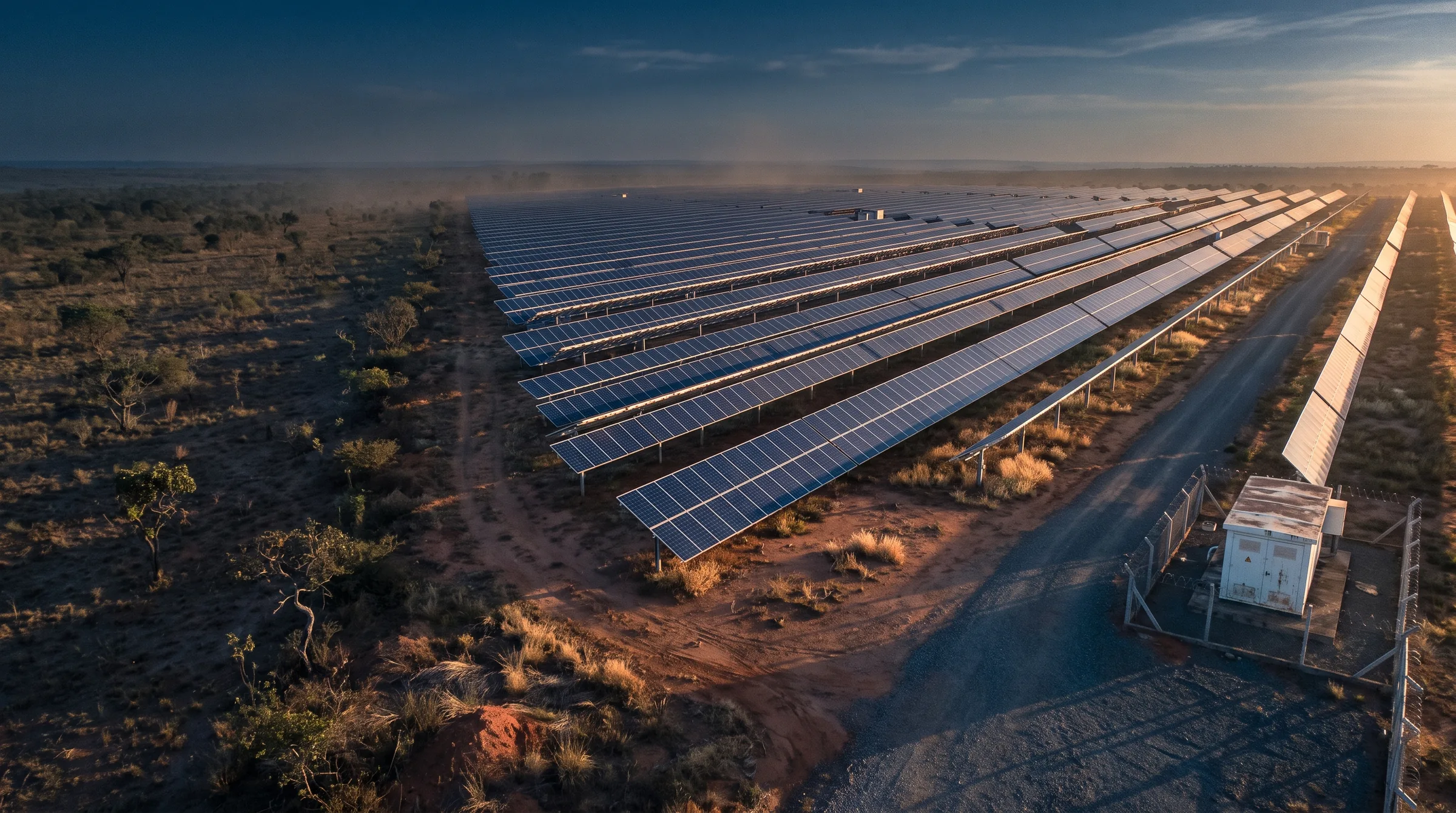 Vista aérea de uma usina fotovoltaica em operação no cerrado.